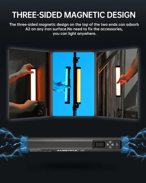 Magnetic RGB LED Light Wand Pro for Content Creators in a three-sided magnetic design display with handheld use.