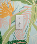 Tropical Botanical Vinyl Wallpaper Featuring Subtle Leather Texture Built Different Heavy Duty Commercial Grade Finish Custom Printed Paste Required with light switch