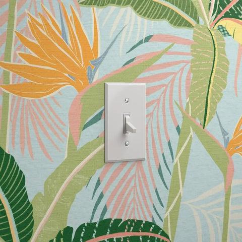 Tropical Botanical Vinyl Wallpaper Featuring Subtle Leather Texture Built Different Heavy Duty Commercial Grade Finish Custom Printed Paste Required with light switch