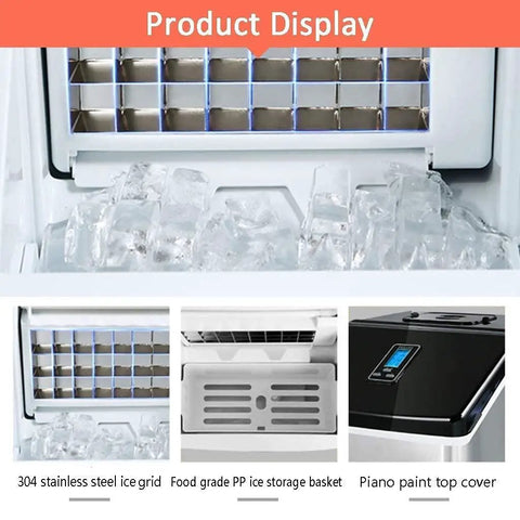 Game Changing Countertop Ice Cube Maker Pushing Fifty Five Lbs Of Clear Ice Daily With Lightning Fast Cycles A Lcd Screen showcasing the ice grid and storage basket.