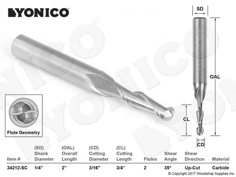 YONICO carbide ball-nose end mill, 2-flute spiral, 3/16 in diameter, 1/4 in shank, model 34212-SC