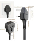 Heavy Duty Extension Cord, Super Slick Travel Power Cable With 13 Amp Socket, close-up of plug and socket dimensions.