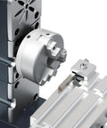 Close-up of the 60W Mini Metal Lathe Machine High Speed 12k Rpm Precision Turning Tool showing the chuck and tool holder.