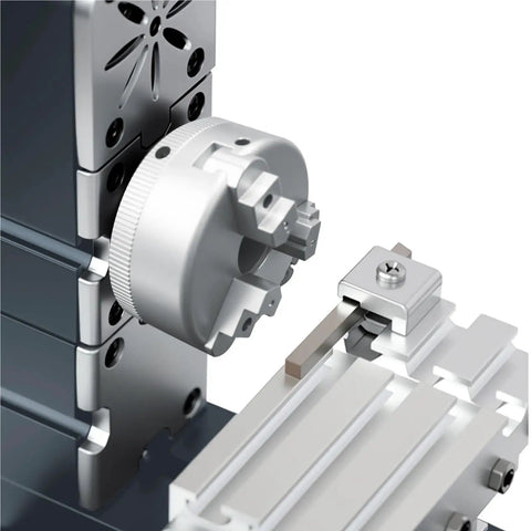 Close-up of the 60W Mini Metal Lathe Machine High Speed 12k Rpm Precision Turning Tool showing the chuck and tool holder.