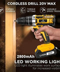 Rock Solid 20V Cordless Impact Drill Kit Featuring Knockout Power And Variable Speed Settings 18 Plus 1 Torque Adjustments Compact Build Including Battery And Charger For Daily Diy Tasks And Home Repair Hustles, held while drilling into wood.