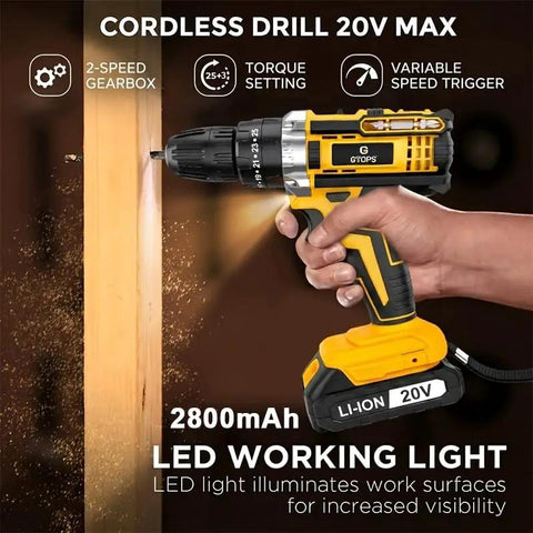 Rock Solid 20V Cordless Impact Drill Kit Featuring Knockout Power And Variable Speed Settings 18 Plus 1 Torque Adjustments Compact Build Including Battery And Charger For Daily Diy Tasks And Home Repair Hustles, held while drilling into wood.