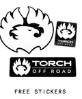 Multiple Torch Off Road logo stickers, including a large white cutout and two rectangular black stickers reading 'Torch Off Road'.