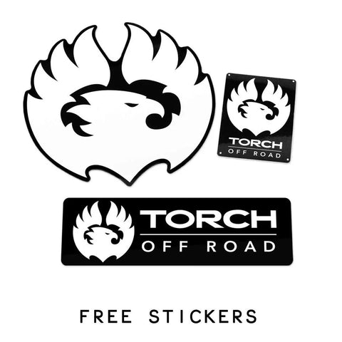 Three TORCH OFF ROAD stickers in black and white, showcasing the logo design, ideal for off-road enthusiasts.