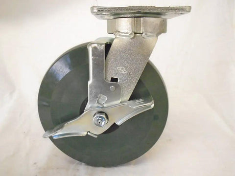 8 Inch Swivel Caster Kingpinless With Built In Wheel Brake And Non Marking Gray Polyurethane Wheel Hella Smooth For High Capacity Industrial Tool Carts viewed from side with brake engaged.