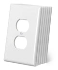 Mega Wide One Gang White Electrical Outlet Wall Plates 6 Pack heavy duty plastic faceplates with multiple angles showing.