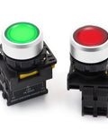 Two Pack Dual Color Red Green LED Push Button Switch 110 To 220 Volt Waterproof IP65 22mm Panel Mount 1NO 1NC SPST Momentary