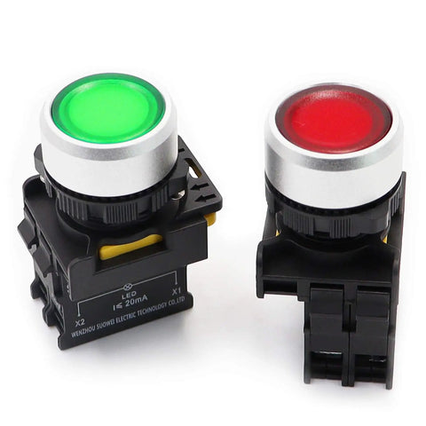 Two Pack Dual Color Red Green LED Push Button Switch 110 To 220 Volt Waterproof IP65 22mm Panel Mount 1NO 1NC SPST Momentary