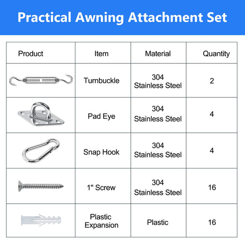 Practical Awning Attachment Set table for Built Tough All-In-One Sun Shade Sail Hardware Kit With M5 Stainless Steel Hooks And Fasteners, 26 Pieces