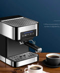 4 Cup Drip Coffee Maker With Timer And Thermal Carafe Stainless Steel Coffee Brewer on a wooden table with coffee cups
