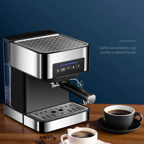4 Cup Drip Coffee Maker With Timer And Thermal Carafe Stainless Steel Coffee Brewer on a wooden table with coffee cups