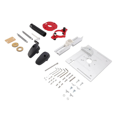 Shop Ready Rock Solid Aluminum Router Lift System With Precision Table Insert Plate And Stainless Rods For Accurate Hole Positioning and assorted components