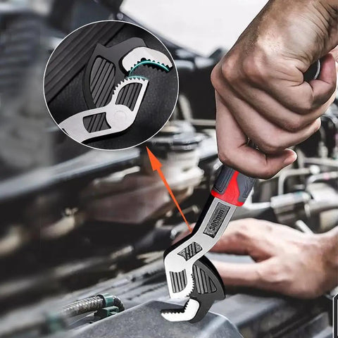 Self Locking Speed Wrench with Tri Grip Jaw and Universal Adjustable Shank in use on car engine for repairs