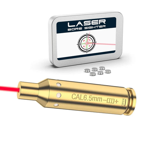Red Laser Bore Sighter For 6.5 Creedmoor Caliber, brass cartridge with red laser beam and batteries shown with packaging.