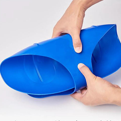 Flexible blue plastic being held, demonstrating versatility, but not the Heavy Duty Snow Sled For Downhill Thrills With A Non Slip Sanded Seat.