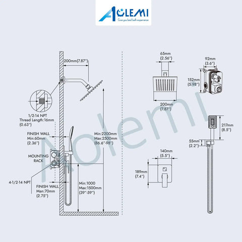 Matte Black 8 Inch Rainfall Shower System With Three Function Shower Head And ABS Handheld Spray Luxury Rough In Valve diagram