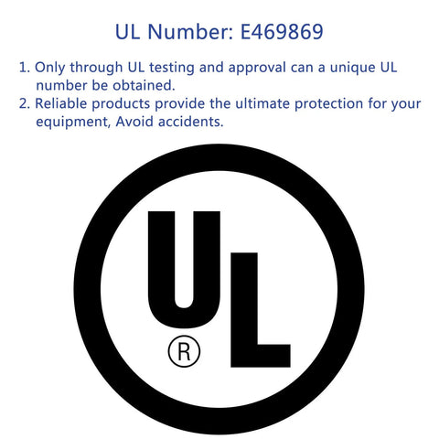 UL certification logo with number E469869 and safety messages about product protection and accident avoidance.