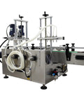 Desktop Four Head Magnetic Pump Filling And Capping Machine For Liquids Five To One Thousand Ml with stainless steel frame and conveyor belt.