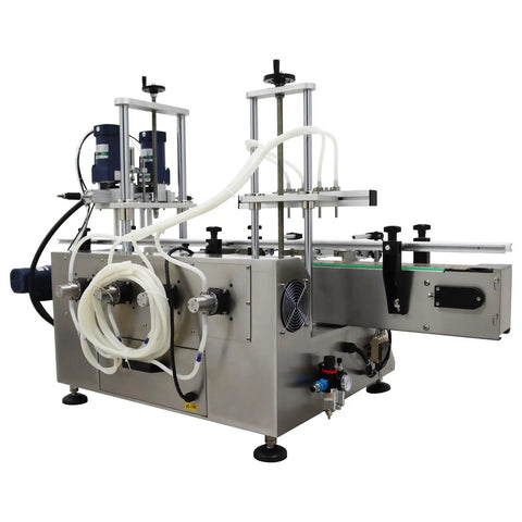 Desktop Four Head Magnetic Pump Filling And Capping Machine For Liquids Five To One Thousand Ml with stainless steel frame and conveyor belt.