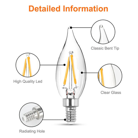 Detailed diagram of a 40 Watt Warm White C32 Chandelier Light Bulb with E12 Candelabra Base, highlighting bent tip and glass design.