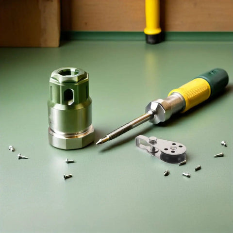 Assembly of a green and silver metal tool set with screws on a workbench.