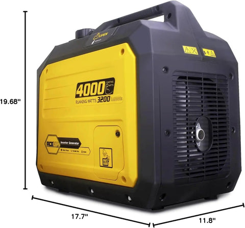 Portable Inverter Generator With 4000 Peak Watts And 3200 Running Watts, 149cc Gas Power, yellow and black design