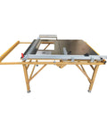 Heavy Duty 220 Volt Table Saw With Rugged Stand For Woodworking Crews featuring a folding cart and sliding table extension.