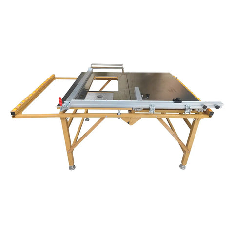 Heavy Duty 220 Volt Table Saw With Rugged Stand For Woodworking Crews featuring a folding cart and sliding table extension.