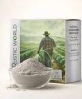 All Natural Hardwood Ash Fertilizer for Plants Potassium Rich Organic Soil Amendment visible with fine texture and garden scene