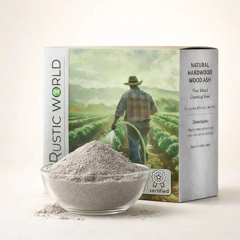 All Natural Hardwood Ash Fertilizer for Plants Potassium Rich Organic Soil Amendment visible with fine texture and garden scene