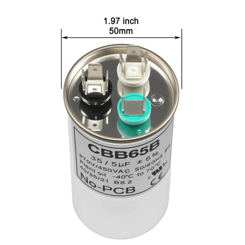 Top view of a 35 5 MFD Dual Run Capacitor For Air Conditioner CBB65 370 450 VAC with three terminals and dimensions shown