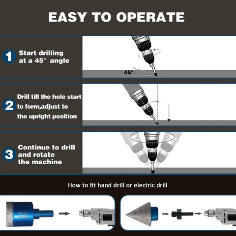 Tile hole saw kit with 10 BeQell diamond core drill bits and storage case; 3-step drilling infographic