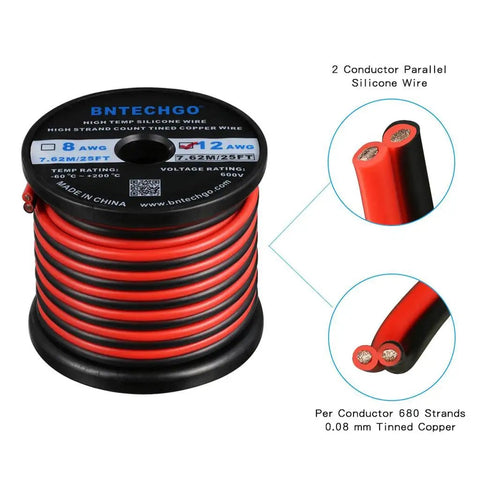 Ultra Flexible 12 Gauge 2 Conductor Silicone Wire Red Black 200C 600V For LED Strip Extensions spool and cable detail