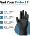 Measuring sizes for Heavy Duty Black Nitrile Exam Gloves Built Tough With Rock Solid 6 Mil Resistance Powder Free And Latex Free Construction Non Sterile.