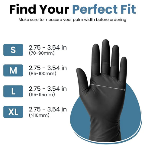 Measuring sizes for Heavy Duty Black Nitrile Exam Gloves Built Tough With Rock Solid 6 Mil Resistance Powder Free And Latex Free Construction Non Sterile.