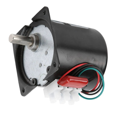 Heavy Duty 14 Watt Ac Synchronous Motor With High Torsion Metal Gears And Pure Copper Coil For Smooth Central Shaft Bracket Automated Industry Use at 110rpms, showing shaft and wiring.