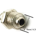 Close-up of 5/16 inch straight grease zerk fitting, nickel-plated, showing 18mm length, part of 30 pcs nipple nozzles set.