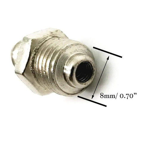 Close-up of 5/16 inch straight grease zerk fitting, nickel-plated, showing 18mm length, part of 30 pcs nipple nozzles set.