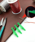 Fish Mouth Sewing Machine Needle Threader 2024 Upgrade Self Threading Tool For Easy Needle Insertion Automatic Looping Aid Green Pack Of 10 Durable Plastic And Metal Construction on a table with sewing tools