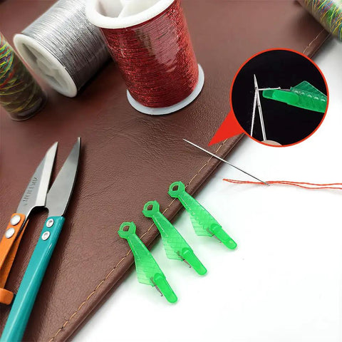 Fish Mouth Sewing Machine Needle Threader 2024 Upgrade Self Threading Tool For Easy Needle Insertion Automatic Looping Aid Green Pack Of 10 Durable Plastic And Metal Construction on a table with sewing tools