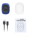 8GB Clip MP3 Player With FM Radio Shuffle Sweatproof Silicone Case For Gym Running Outdoors On The Go Clip On Design USB Transfer And iTunes To MP3 Conversion. Blue oval design with USB cable and instruction manual.
