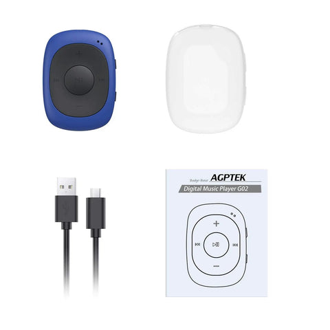 8GB Clip MP3 Player With FM Radio Shuffle Sweatproof Silicone Case For Gym Running Outdoors On The Go Clip On Design USB Transfer And iTunes To MP3 Conversion. Blue oval design with USB cable and instruction manual.