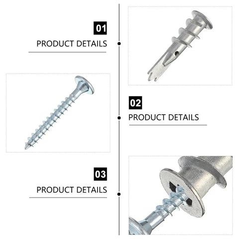 Self-Drilling Drywall Anchors Set With Zinc Alloy Screws, 200 Piece Kit For Picture Frames, Mirrors, Shelves, And Bathroom Accessories No Drill Needed, Easy Removal, Strong Hold, close-up of zinc screw and anchor