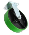 Rock Solid Eight Inch Polyurethane Wheel Plate Casters Featuring Polished Galvanized Steel Hub And Reinforced Bracket For Heavy Duty Industrial Shop Cart Roller Replacement Built Tough To Crush Heavy Loads, green polyurethane wheel.