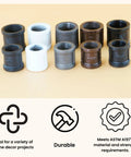 Half Inch Coupling Set For Black Iron Pipe Fittings, Industrial Threaded, Raw Unfinished Metal For DIY Shelving, Rustic Modern Farmhouse Decor, Built To Last, Grab And Go Install, 6 Pack displayed on beige background with durability icons.