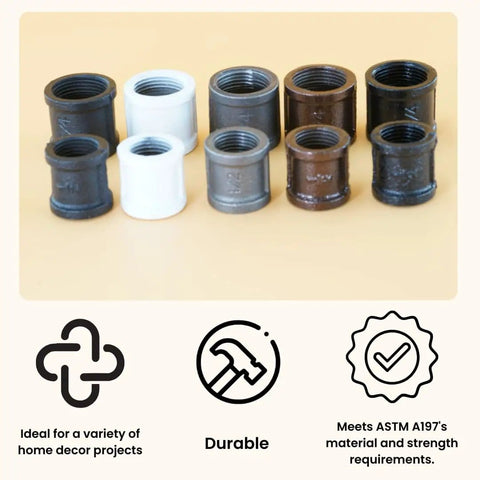 Half Inch Coupling Set For Black Iron Pipe Fittings, Industrial Threaded, Raw Unfinished Metal For DIY Shelving, Rustic Modern Farmhouse Decor, Built To Last, Grab And Go Install, 6 Pack displayed on beige background with durability icons.